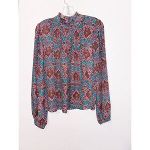 Joie Women's High Neck Blouse Long Sleeves Paisley Print Blouse Brown Teal Small